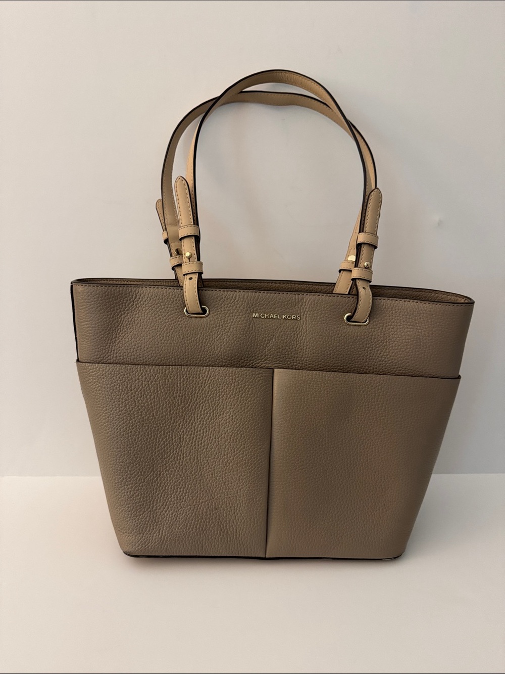 Michael Kors Bedford Medium Pebbled Leather Tote Taupe Beige Shoulder Bag